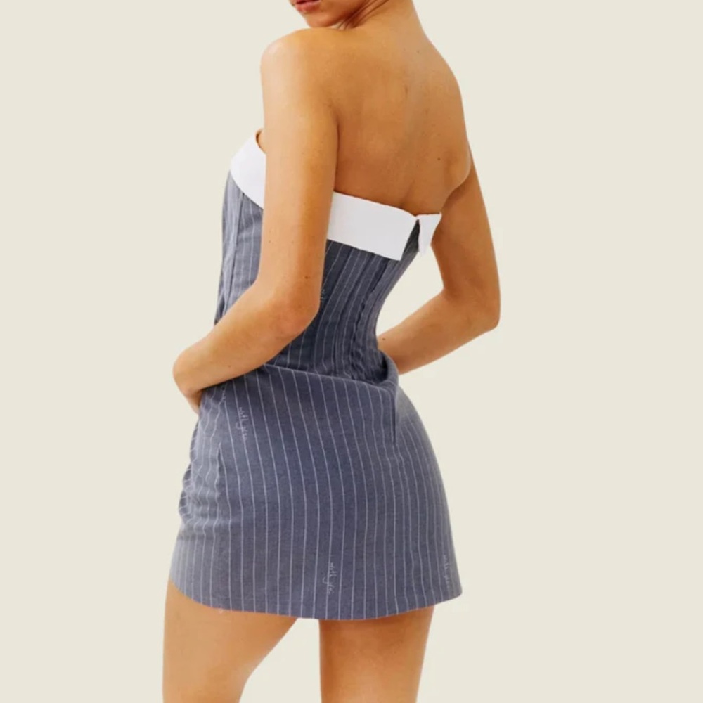 With Jean Strapless Pinstripe Dress in Blue and White